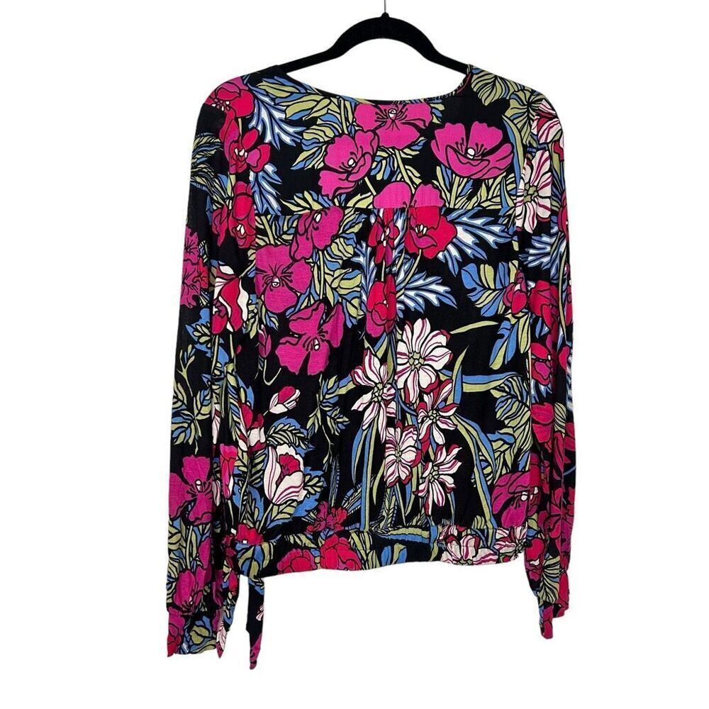 Anthropologie Dark Floral Wrap Blouse with Red and Pink Blooms - Picture 4 of 15